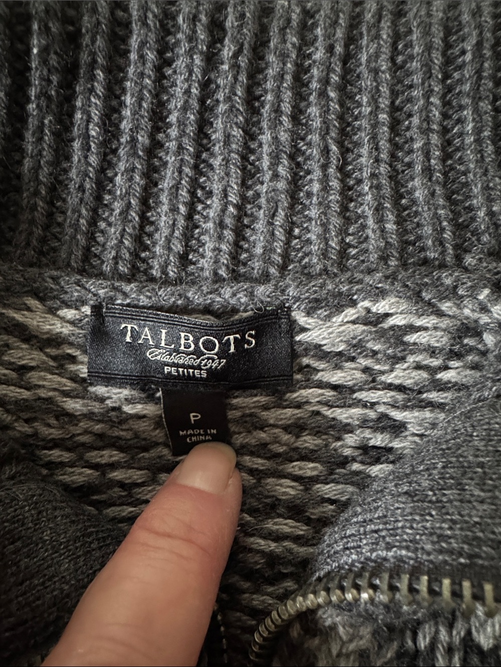 Talbots Charcoal and White Zip-Front Fair Isle Cardigan - Picture 2 of 7